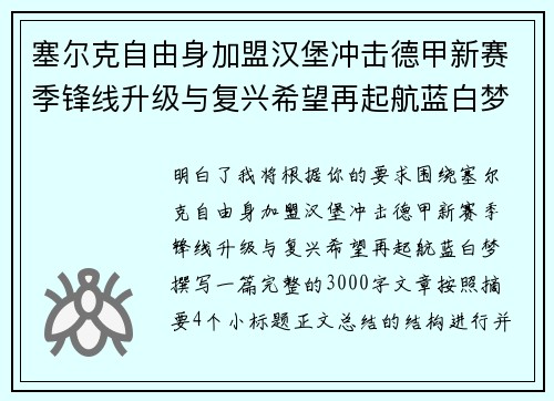 塞尔克自由身加盟汉堡冲击德甲新赛季锋线升级与复兴希望再起航蓝白梦