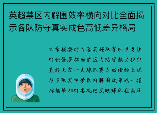 英超禁区内解围效率横向对比全面揭示各队防守真实成色高低差异格局