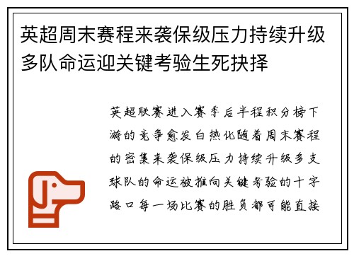 英超周末赛程来袭保级压力持续升级多队命运迎关键考验生死抉择